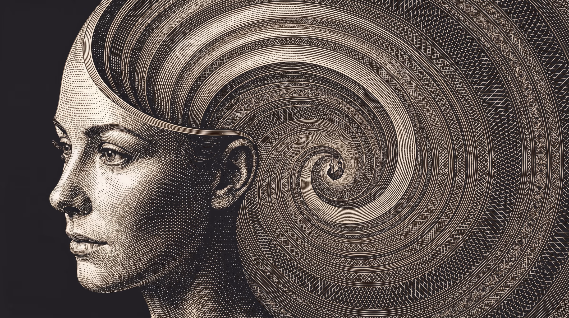 Un rostro sereno cuya mente se despliega en una gran espiral grabada