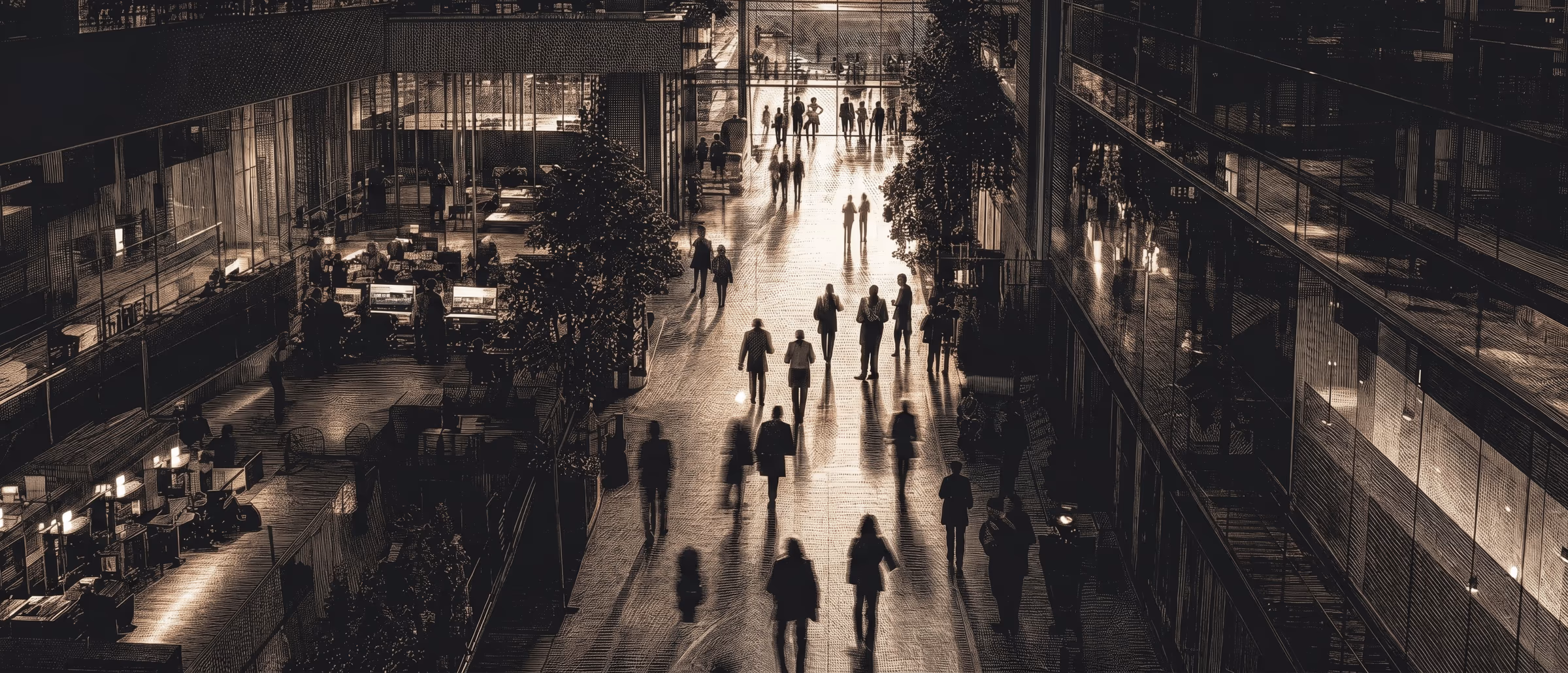 Un atrio de oficinas en movimiento al atardecer, en grabado